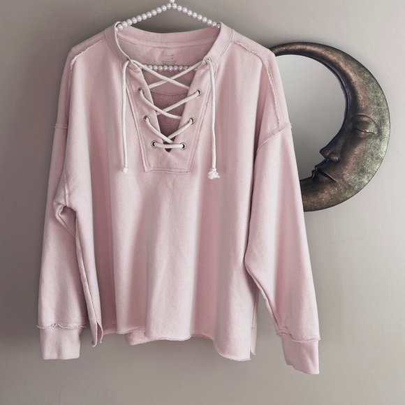 aerie Tops - aerie • Sunday Soft Quartz Pink Lace Up Sweatshirt